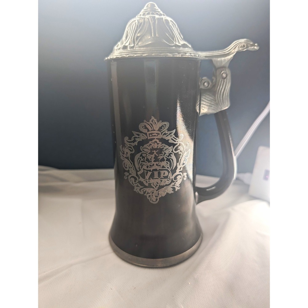 Princess House Black Glass Beer Stein | Lidded Pewter Top | Crest & Poem VTG